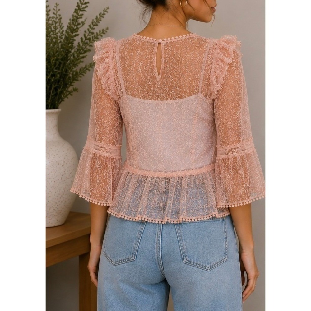 Blush Pink Lace Blouse Ruffle Bell Sleeve Pom Pom Trim Top Size-L - Picture 2 of 2